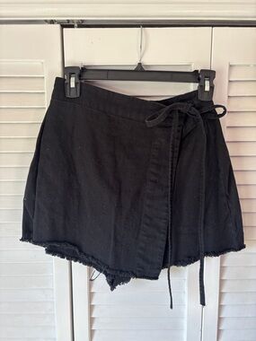 Black Wrap Mini Skort with Frayed Hem